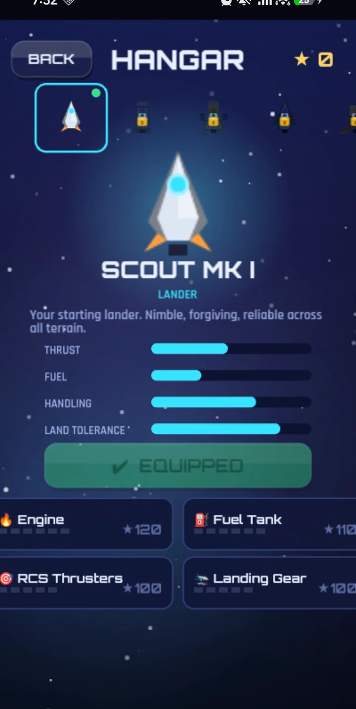 Delta-V's Hangar showing the Scout Mk I lander with thrust, fuel, handling and land tolerance ratings