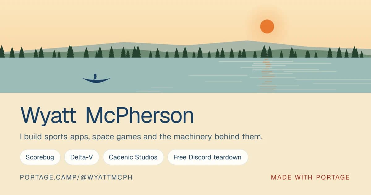 A Portage share card: a generated lake landscape at golden hour above a name, a tagline and four link chips