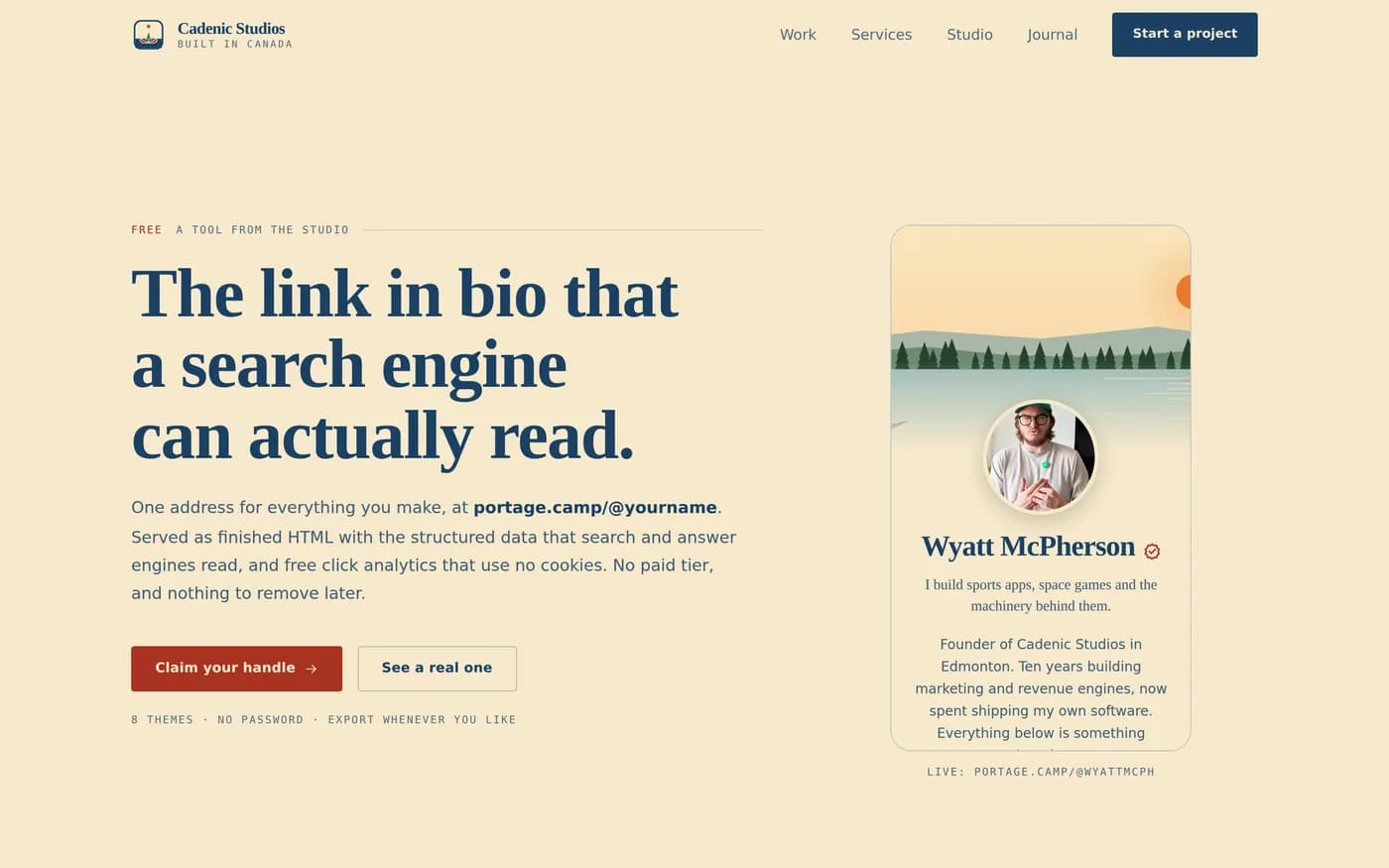 The portage.camp product page, with a live preview of a real published page beside the pitch