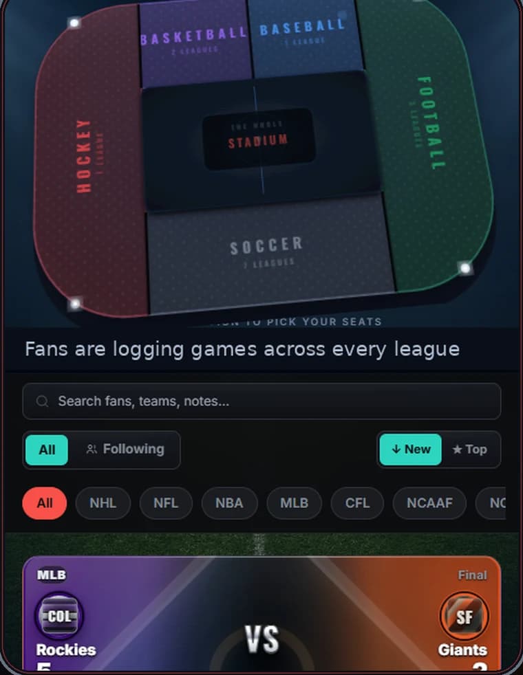 Scorebug's Bleachers, a stadium map for picking which sport's conversation to join