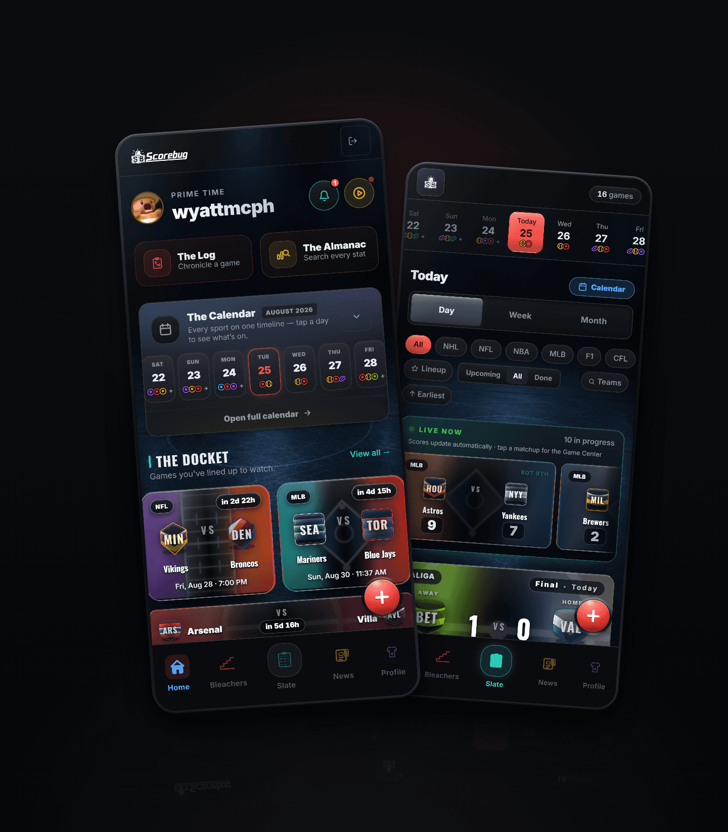 Two phones showing Scorebug: the home dashboard alongside The Slate’s list of the day’s games