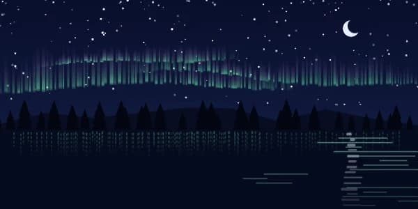 Aurora: Northern lights rippling over a still lake on a clear night.