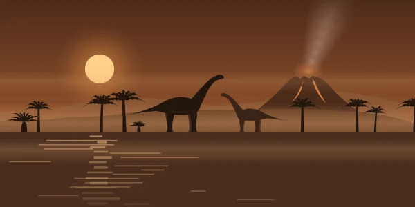 Cretaceous: Sauropods at the edge of a swamp as a volcano smokes behind them.