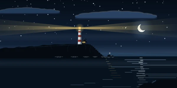Harbour: A lighthouse on the point at night, and a boat’s lights far out.