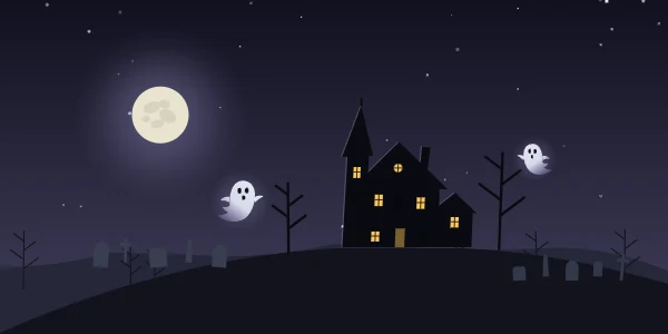 Haunted: Ghosts drift through a graveyard below a crooked house in a storm.