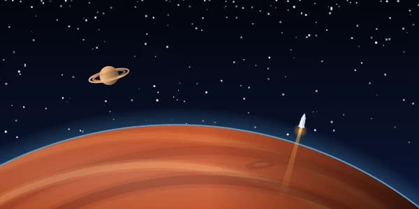 Orbit: Low orbit over an orange world, with a rocket on the way up.